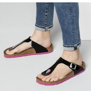 Birkenstock Women Gizeh Leather Black Pink Sandals Flats Birko  shoes sz 7